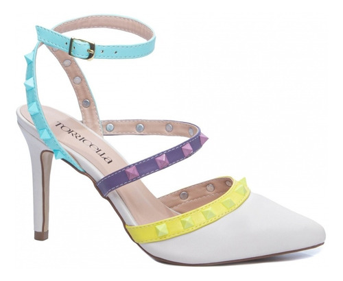 Imagem 2 de 5 de Sapato Off White Feminino Salto Alto Fino Apliques Colorido
