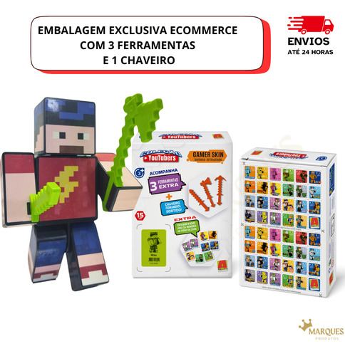 Boneco Mike Minecraft 15 Cm Com 3 Ferramenta E 1 Chaveiro