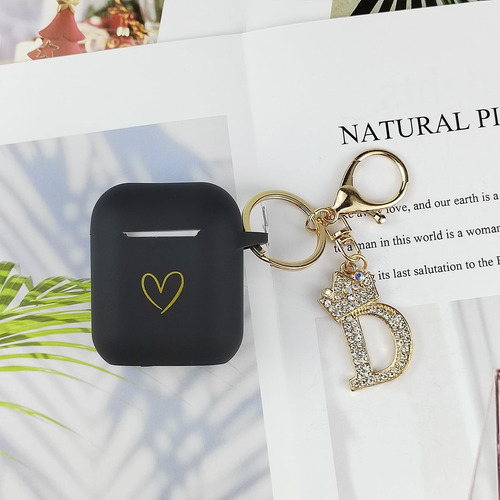 Funda Para AirPods 1 Y 2 Generacion Negro Llavero Letra D