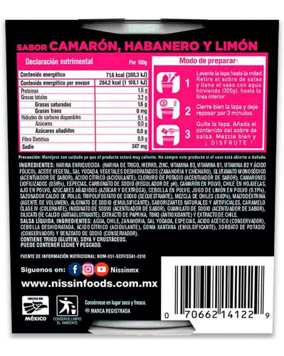 Sopa Instantánea Nissin Camarón Habanero Y Limón 64 Gr