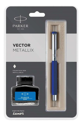  Kit Caneta Parker Vector Tinteiro Metallix Cromado C/ Tinta