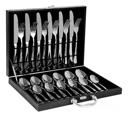Faqueiro Inox Maleta Madeira Garfo Faca Colher 24 Peças