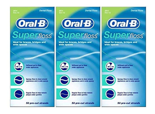 Oral-b Super Floss, 50 Hebras Precortadas, Menta  Pack De 3