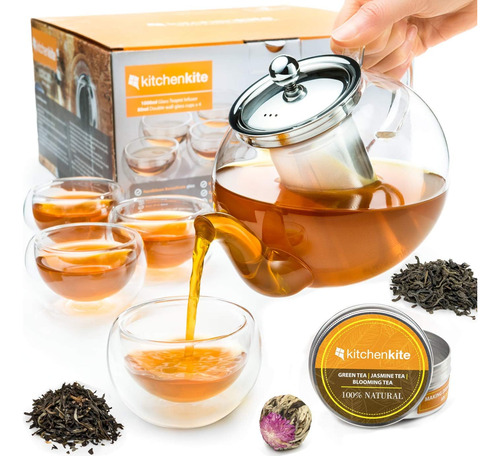 Juego De Tetera De Vidrio Con 4 Tazas De Té De Doble Pared Y