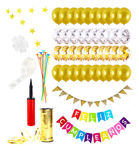 Set Globos Cumpleaños 74psc+carteles+ Hilo+ Infla N24 El Rey Color Dorado