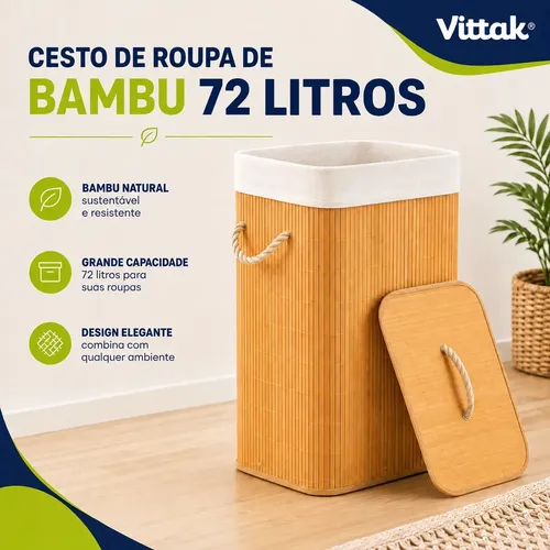 VITTAK CESTO DE ROUPA BAMBU 72 LITROS DOBRáVEL RETANGULAR COM TAMPA E FORRO