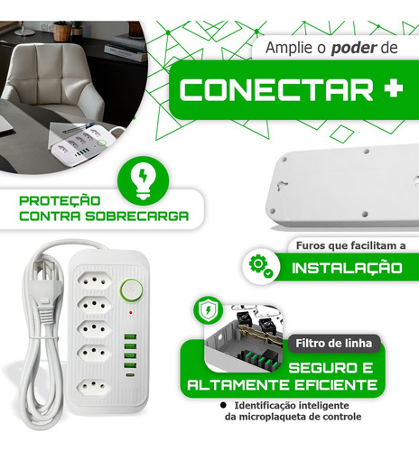 Extensão Prime Cabo 5 Tomadas 4 Usb + Tipo C