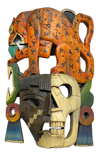 Máscara Maya Tallada A Mano De La Vida Y La Muerte De 40 Cm