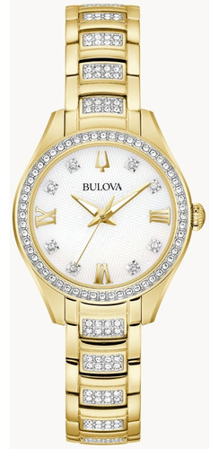 Reloj Bulova 98l306 Colección Crystal Para Mujer Color de la correa Dorado Color del bisel Dorado con Cristales Color del fondo Nácar Opalescente