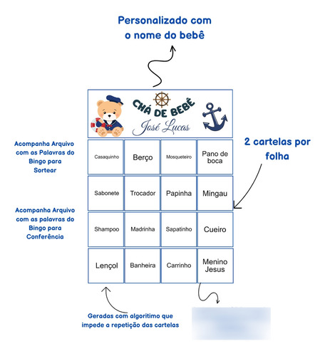 70 Cartelas Bingo Baby Chá Pdf Nome Personalizado