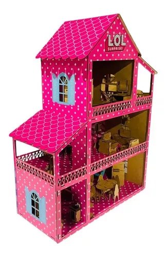 Casinha De Boneca Polly Mdf Pintada Casa C/ Kit 37 Móveis