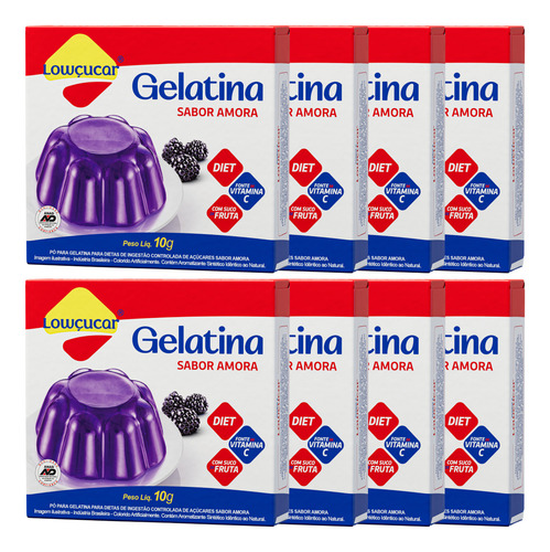 Kit Com 8 Gelatina Lowçucar Sabor Amora Diet Sem Glúten 10g