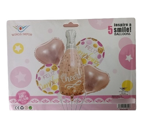 Set X 5 Globos Para Mujer Feliz Cumpleaños Botella Oro Rosa