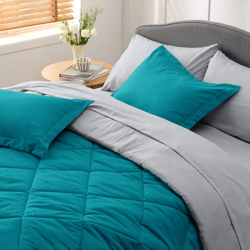 Juego Edredon Y Ropa De Cama 208x218 Cm Azul Aqua Reversible