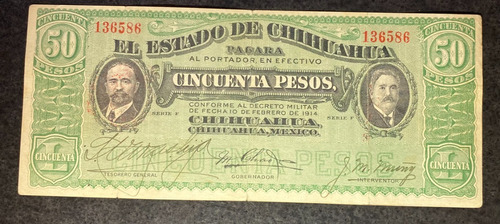 Billete 50 Pesos Chihuahua 1915 Villa Dos Caritas Vf Escaso
