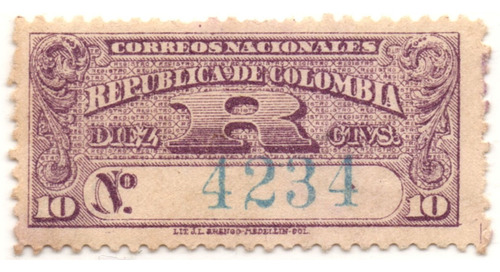 Colombia 10 Centavos Recomendado 1902 Estampilla R 13