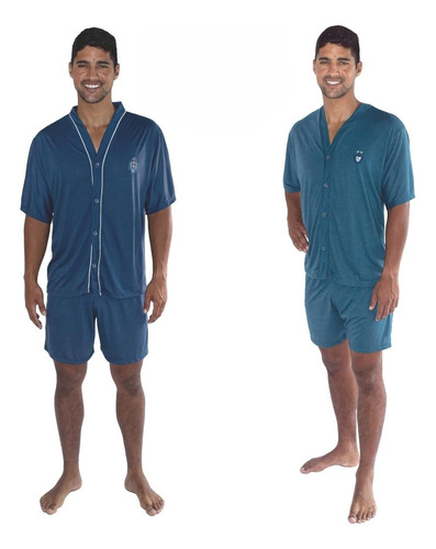 Kit 2 Pijama Adulto Masculino Verão Plus Size Aberto Botões