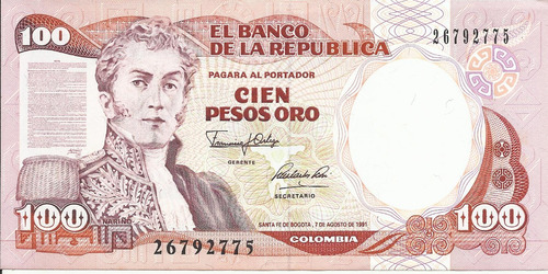Colombia Billete 100 Pesos 7 Agosto 1991