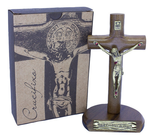 Crucifixo Madeira De Mesa Cristo Em Metal - 12 Cm Ov Cor Marrom