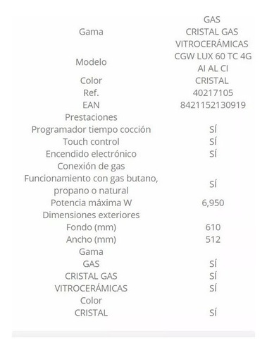 Parrilla Teka Empotre Cgw Lux 60 4g Ai Al Tc Touch 40217105 110v