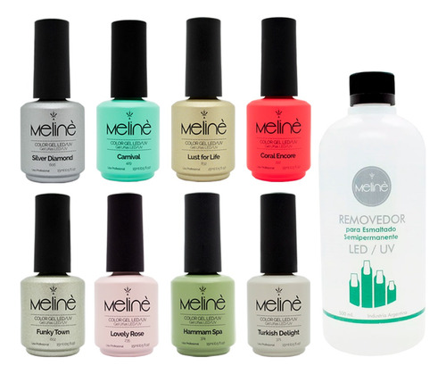 Meline X8 Esmaltes Semipermanente Gel Uñas + Removedor 500ml