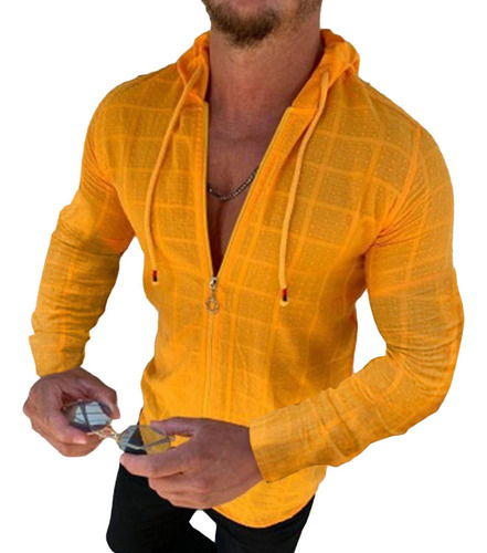 Camisa Capucha Ligera Cuadro Para Hombre Estilo Casual Manga