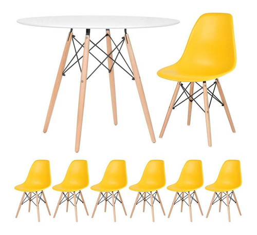 Kit Mesa Jantar Eames Wood 100 Cm 6 Cadeiras Eifel Cores Cor Mesa branco com cadeiras amarelo