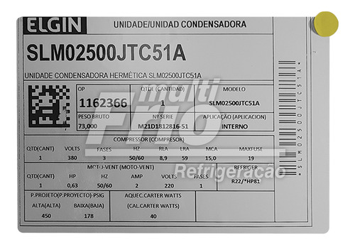 Condensadora Frigorífica 5 Hp Slm2500 Elgin 380v R22 Trif