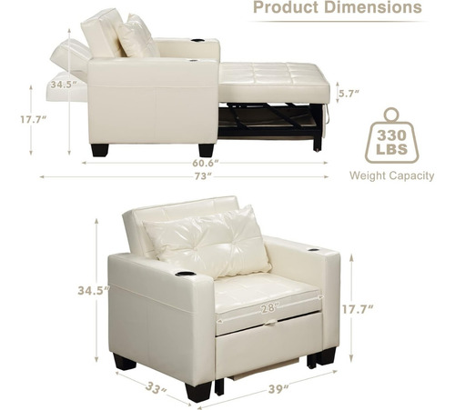 Sofá Cama C/puerto Usb 3 En 1; Faux Leather Blanco Duraspace