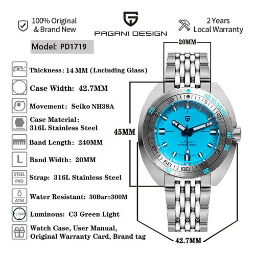 Pagani Design Relojes Para Hombre Movimiento Japonés Nh38 Re