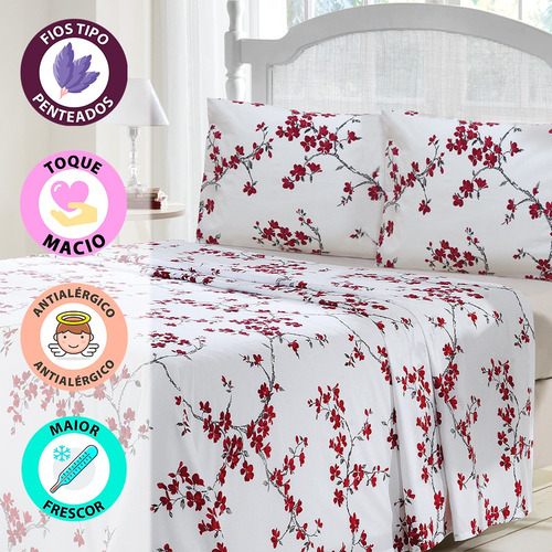 Jogo Cama Casal 4 Peças Lençol Elástico 100% Algodão Lorena