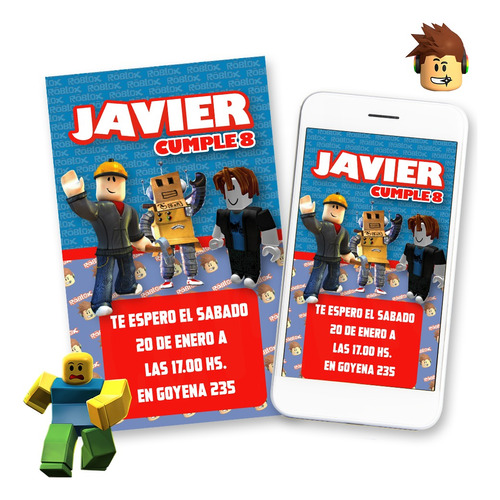 Invitación Digital Roblox Personalizada Azul Rojo Tarjeta