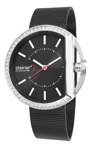 Reloj Steiner Análogo Extensible Malla Acero Inoxidable 3atm Correa Negro Bisel Plateado Fondo Negro