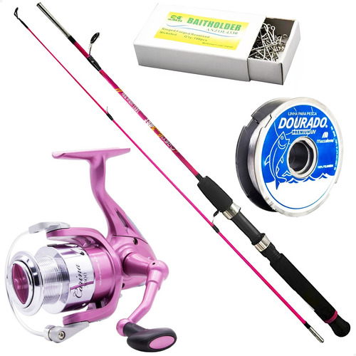 Kit Pesca Mulher Feminino Molinete + Vara Rosa Pesqueiro