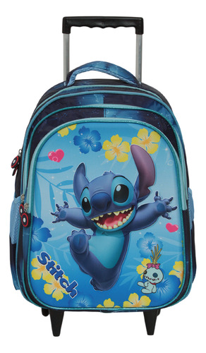 Mochila Infantil Escolar Com Rodinhas Stitch 3d Cor Azul