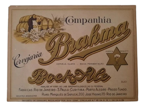 Rótulo Bock Brahma Cerveja Propaganda Antiga 1959 2438 (Usado)