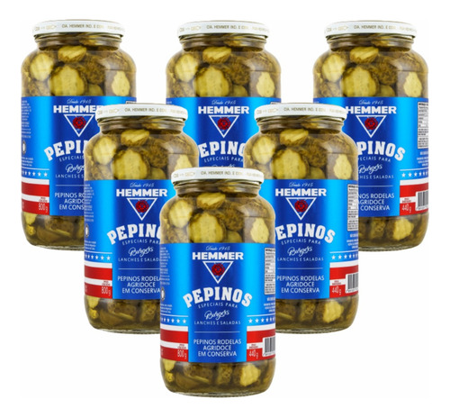 Kit 6 Pepinos Em Rodelas Agridoce Para Burgers 800g Hemmer