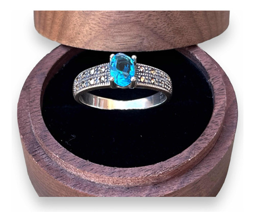 Anillo Compromiso Plata 925 Topacio Azul Marcasita