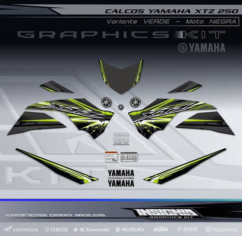 Calcos Yamaha Xtz 250 - Moto Negra - Verde - Insignia Calcos