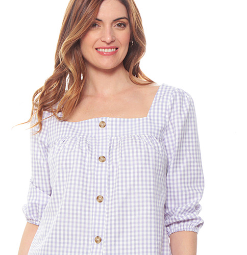 Blusa Wados Manga Larga Escoces Escote Cuadrado Con Botones