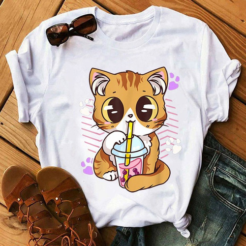 Camiseta Blanca Dama Bebidas, Mascotas, Pets, Gato, Oso, A1b