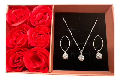 Regalo Mujer Set Conjunto Collar Aros Plata Strass Con Rosas