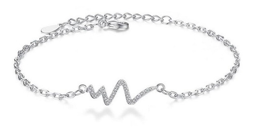 Pulsera Mujer Diseño Electrocardiograma Circón Baño De Plata