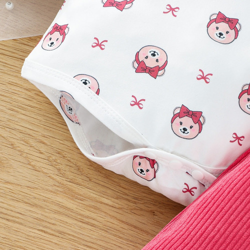 3 Pcs Conjunto Tierno Bebé Con Estampado De Osito Y Diadema Rosa 0-3 M