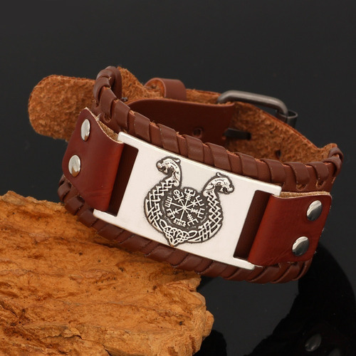 Pulsera Brazalete Cuero Dragón Vikingo Nórdico Runas Hombre