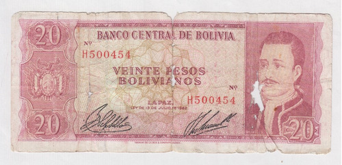 Billete Bolivia 20 Bolivianos 1962 Escaso Roto (c85)