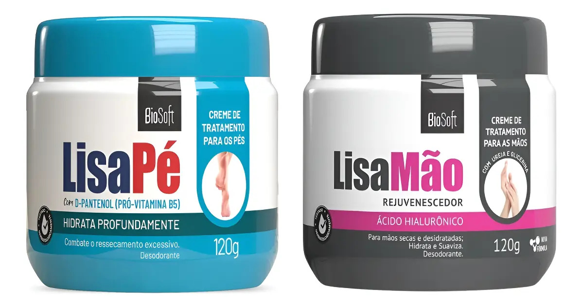 Kit Creme Hidratante Lisa Pé E Lisa Mão Biosoft 2x120g Fragrância Lisa Mão Cinza e Lisa Pé Azul