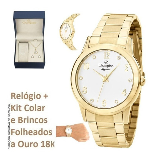 Kit Relógio Champion Feminino Dourado Original + Nf