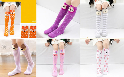 Calcetas De Algodón Para Niña De Animales Hasta La Rodilla Multicolor Variado Único