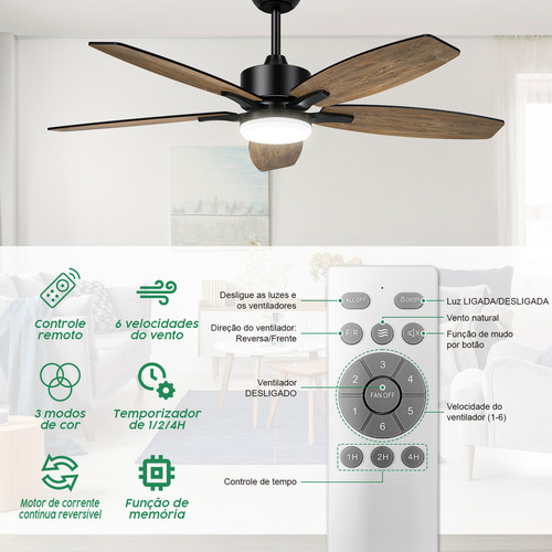 Ventilador De Teto Led Com Controle Remoto, Motor Dc Reversível Silencioso, Econômico, Diâmetro 106,7cm, Instalação Rápida Ideal Para Quarto, Sala Ou Escritório